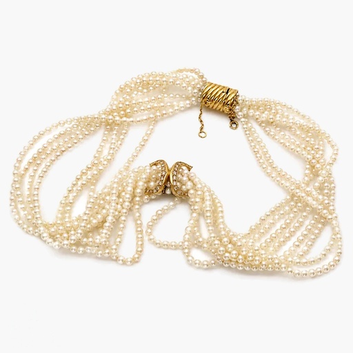 Cartier Multi-Strand Pearl Choker, 18K Gold and Diamond