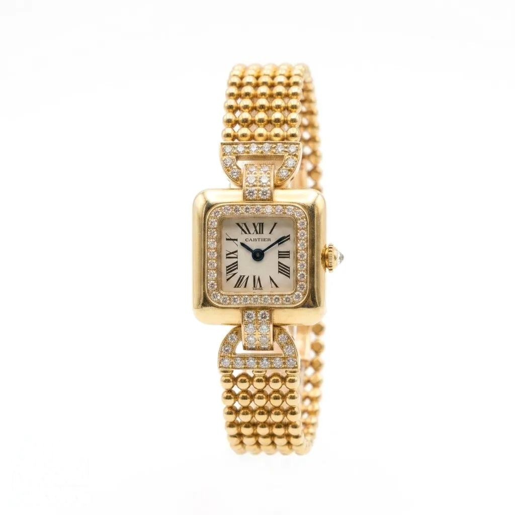 Cartier 18K Gold Cushion Watch with Diamond Bezel