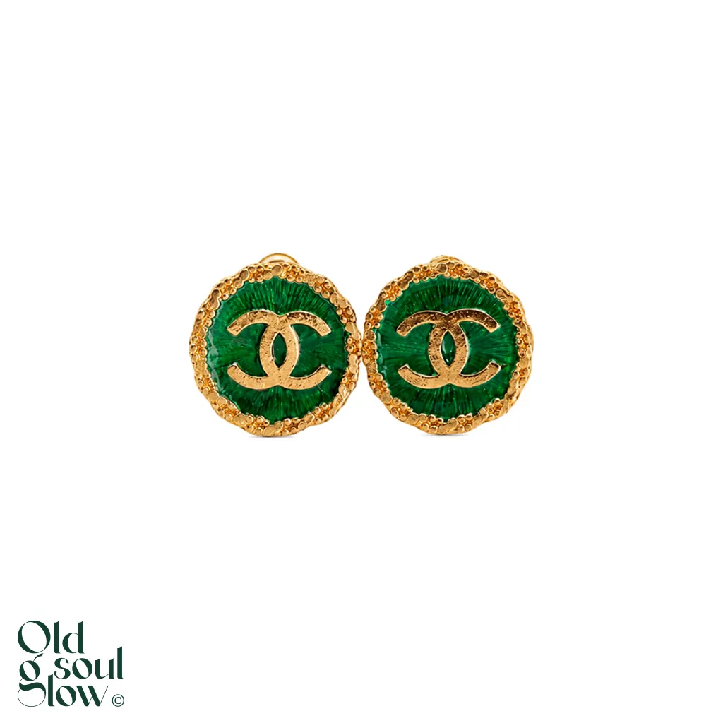 Chanel Green Enamel Coco Mark Clip Earrings
