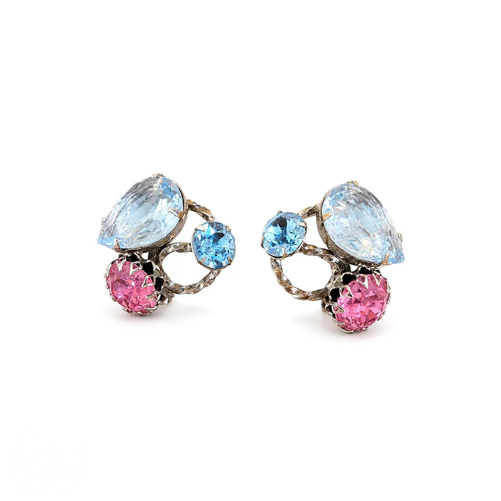 Henkel & Grosse for Dior Blue & Pink Crystal Clip Earrings