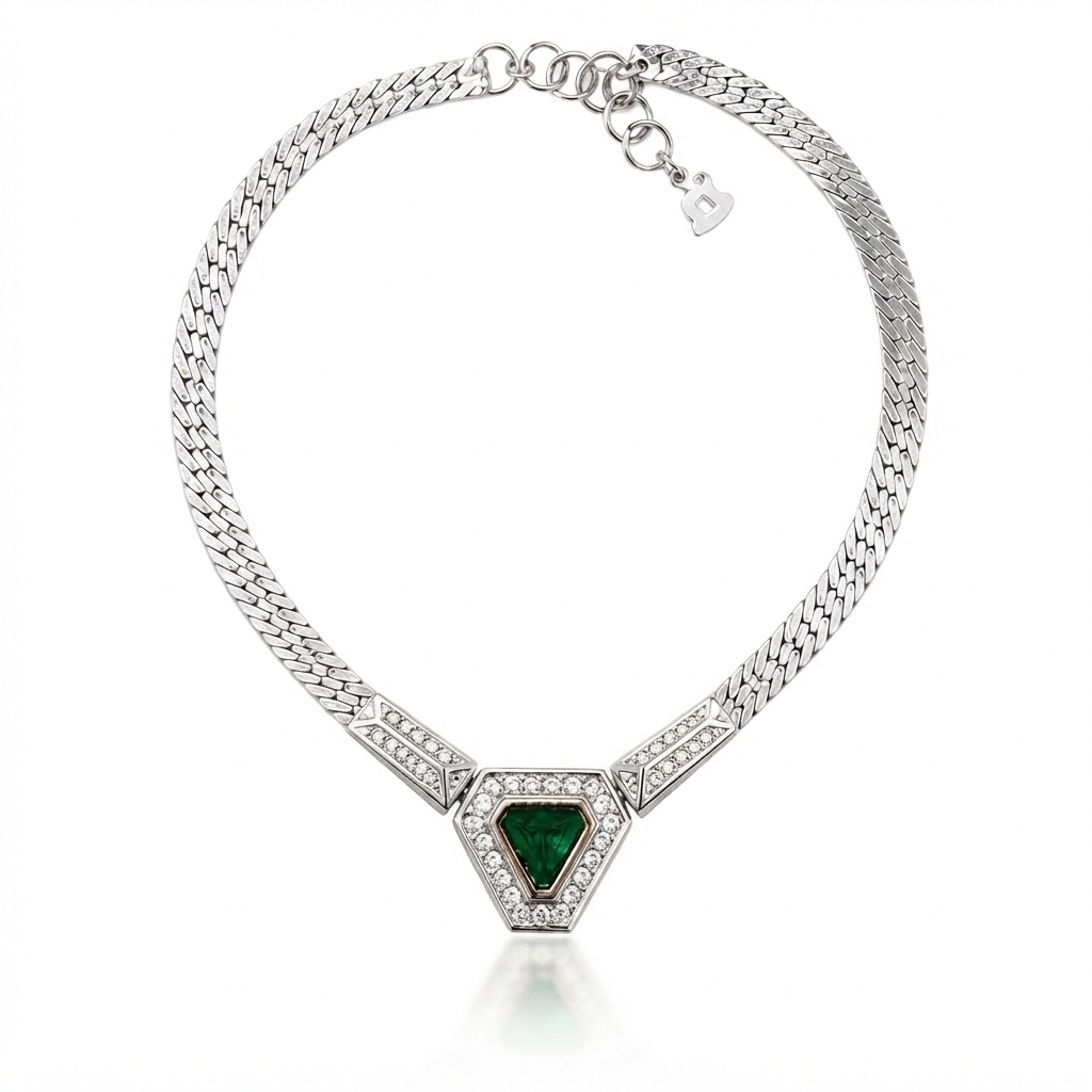 Christian Dior Vintage Triangle Green Crystal Necklace, Silver Tone