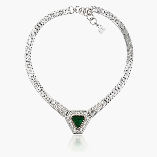 Christian Dior Vintage Triangle Green Crystal Necklace, Silver Tone