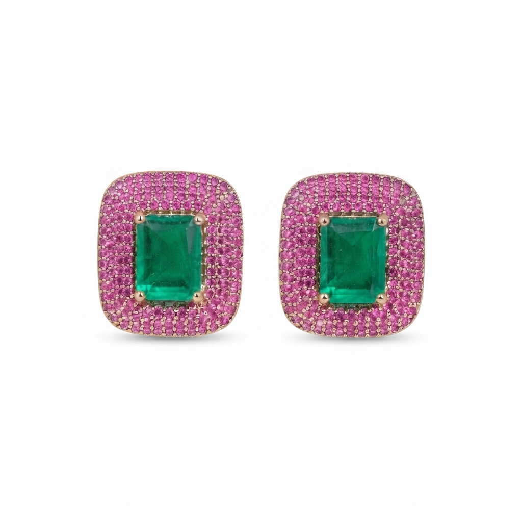 Emerald-Cut Green Stone and Pink Pavé Stud Earrings, Brass