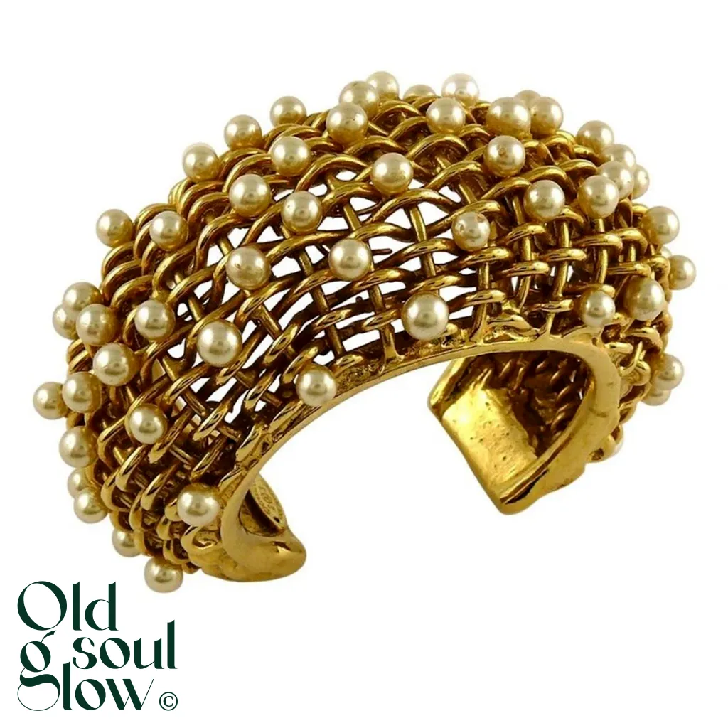 Chanel Vintage Braided Pearl Wide Cuff Bracelet