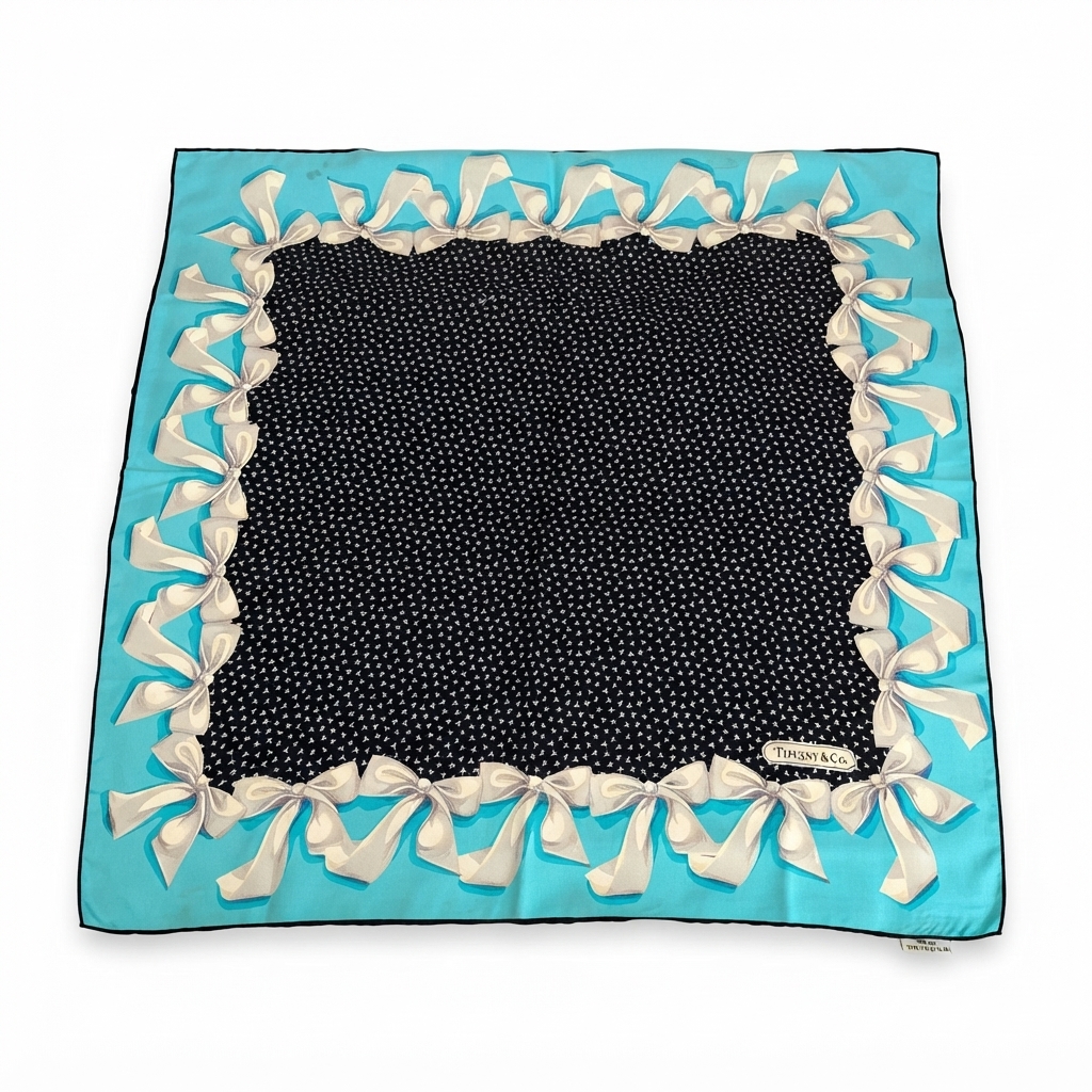 Tiffany & Co. Vintage Silk Scarf with Bow Design, Turquoise and Black