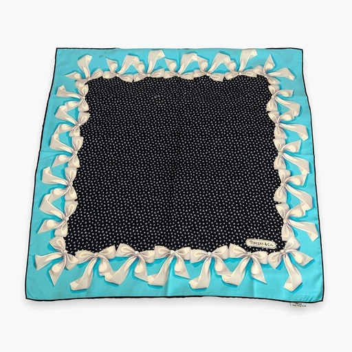 Tiffany & Co. Vintage Silk Scarf with Bow Design, Turquoise and Black