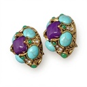 Vintage Faux Turquoise and Purple Cabochon Statement Earrings, Gold Tone