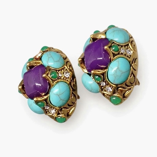 Vintage Faux Turquoise and Purple Cabochon Statement Earrings, Gold Tone