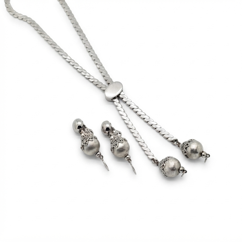 Monet Vintage Silver-Tone Slide Lariat Necklace and Clip Earrings Set