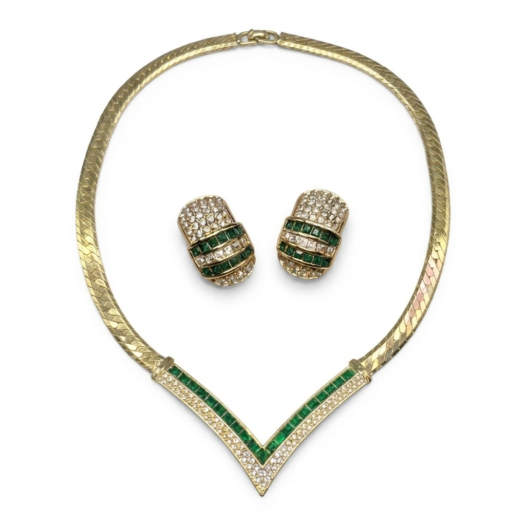 Christian Dior Vintage 1980s Green and Clear Rhinestone V Necklace and Clip Earrings Set, Gold Tone