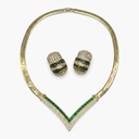 Christian Dior Vintage 1980s Green and Clear Rhinestone V Necklace and Clip Earrings Set, Gold Tone