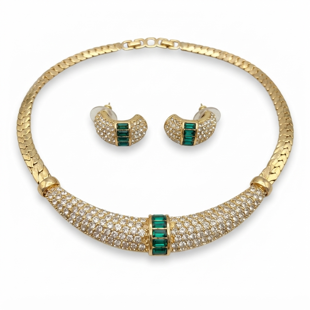 Christian Dior Vintage 1970s Emerald-Green Baguette and Crystal Pavé Choker and Earrings Set, Gold Plated