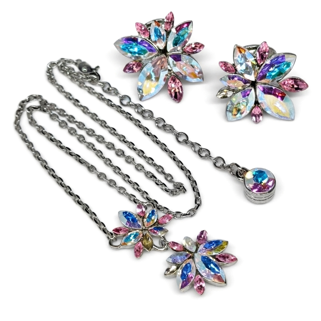 Givenchy Vintage Aurora Borealis Crystal Flower Necklace and Clip Earrings Set, Silver Tone