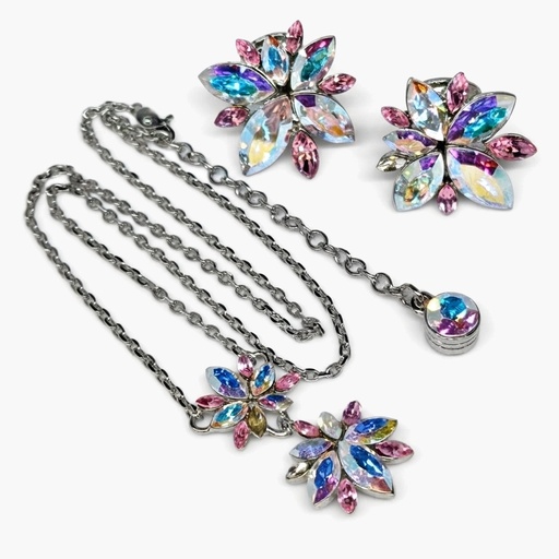Givenchy Vintage Aurora Borealis Crystal Flower Necklace and Clip Earrings Set, Silver Tone