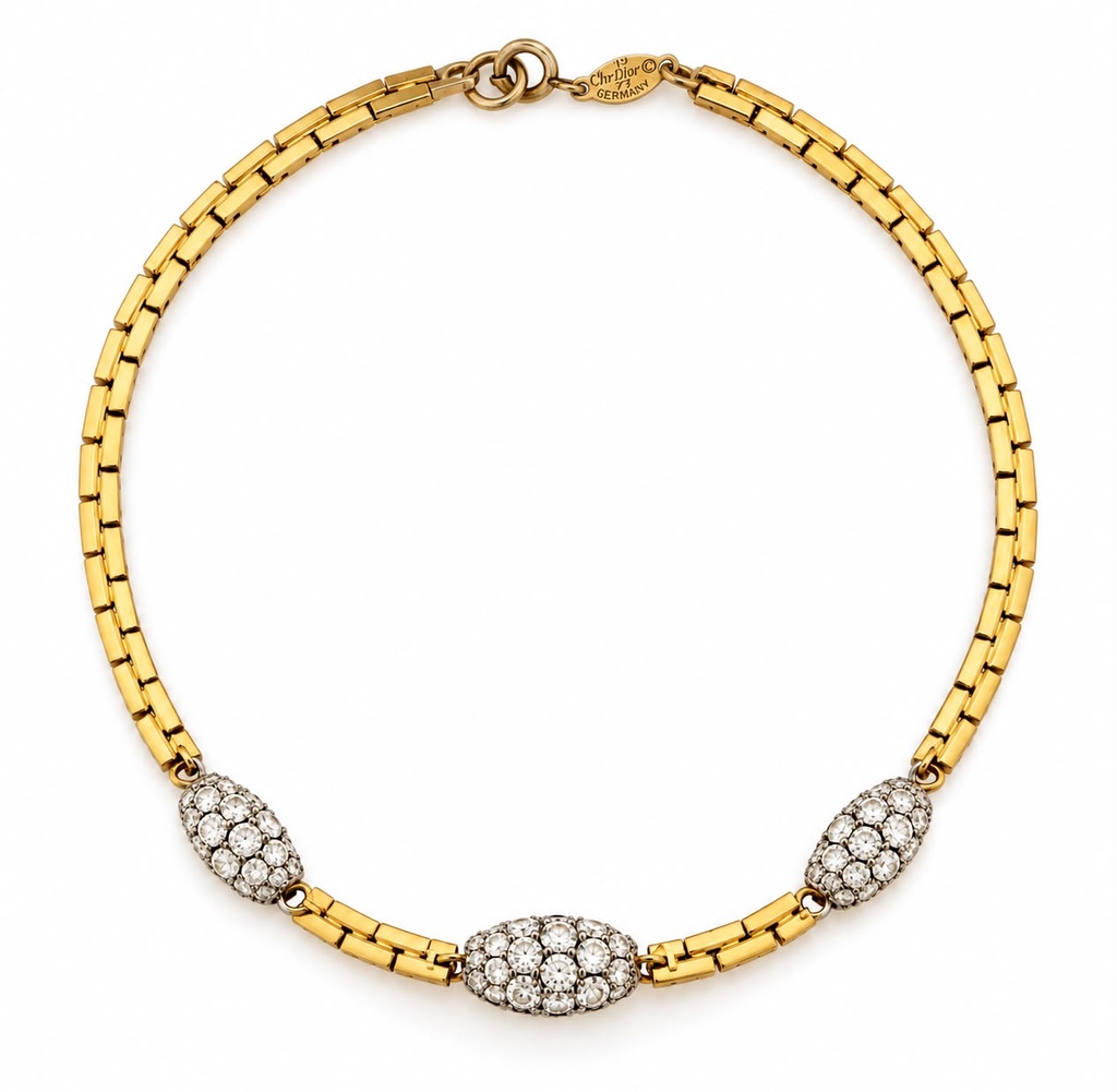 Christian Dior Vintage Rhinestone Station Choker Necklace, Gold Tone