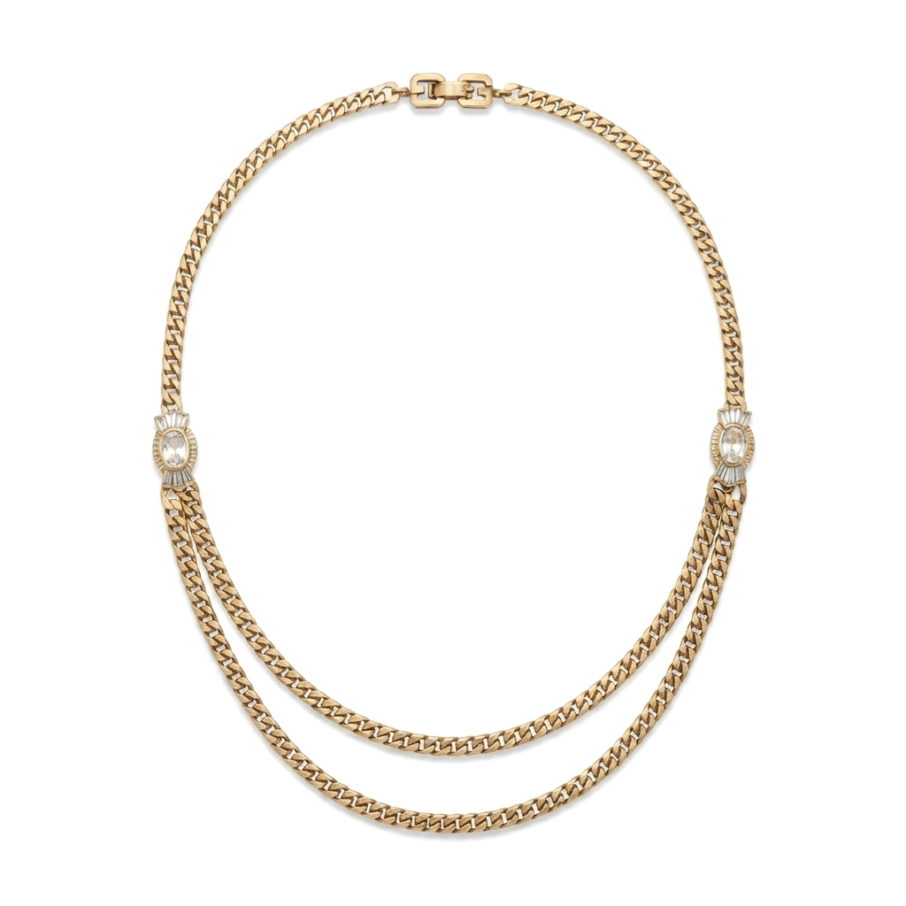 Givenchy Vintage 1980s Two-Strand Gold-Tone Chain Necklace with Crystal Stations