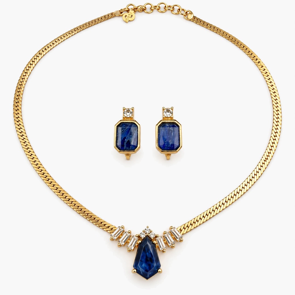 Christian Dior Vintage 1980s Blue Stone Pendant Necklace and Clip Earrings Set, Gold Tone