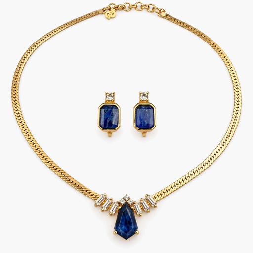 Christian Dior Vintage 1980s Blue Stone Pendant Necklace and Clip Earrings Set, Gold Tone