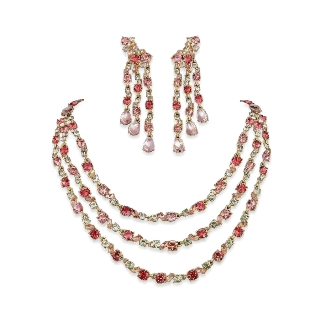 Vintage-Inspired Pink Crystal Three-Strand Necklace, Bracelet and Earrings Set, Gold Tone