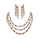 Vintage-Inspired Pink Crystal Three-Strand Necklace, Bracelet and Earrings Set, Gold Tone