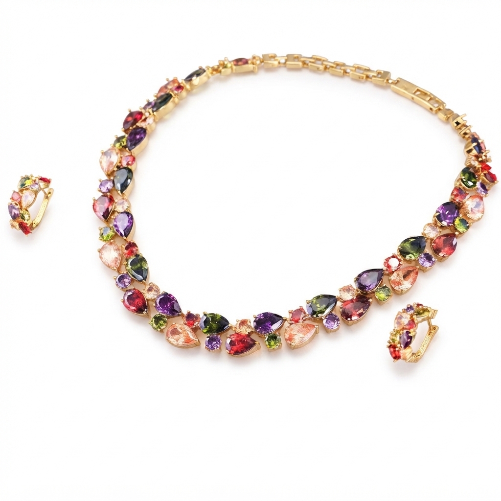 Vintage-Inspired Multicolour Crystal Teardrop Necklace and Earrings Set, Gold Tone