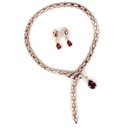 Vintage-Inspired Crystal Snake Necklace and Earrings Set with Deep Red Teardrop Stones, Gold Tone