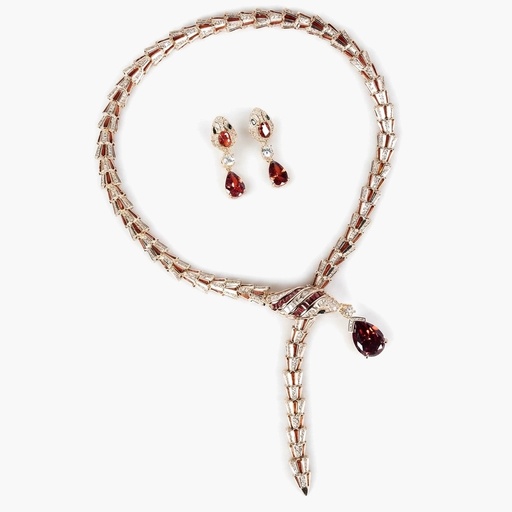 Vintage-Inspired Crystal Snake Necklace and Earrings Set with Deep Red Teardrop Stones, Gold Tone