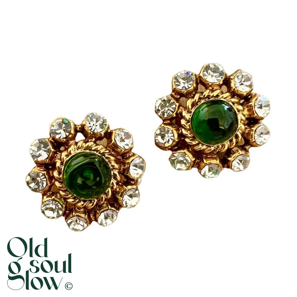 Chanel Vintage Green Gripoix Glass Clip-On Earrings