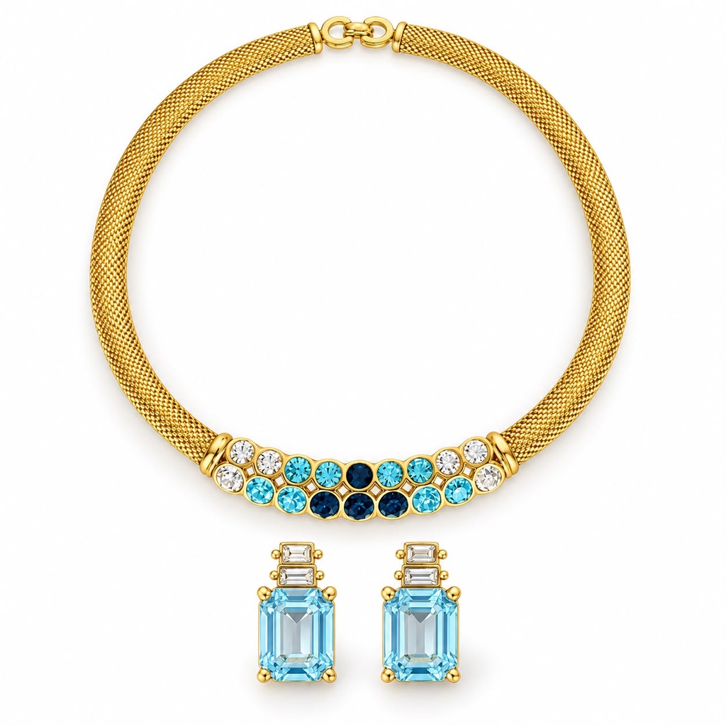 Christian Dior Vintage Blue and Clear Crystal Mesh Choker and Clip Earrings Set, Gold Tone