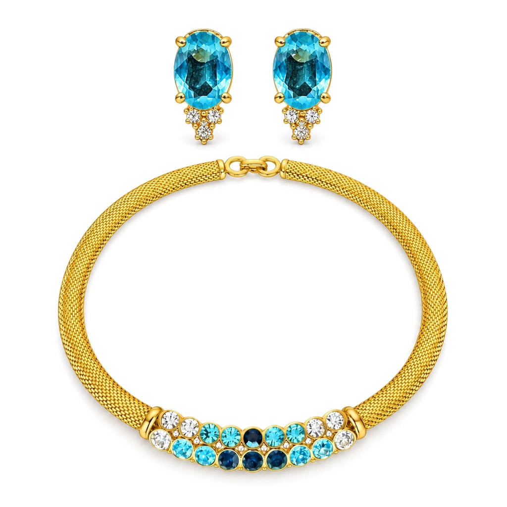 Christian Dior Vintage Blue and Clear Crystal Mesh Choker and Clip Earrings Set, Gold Tone
