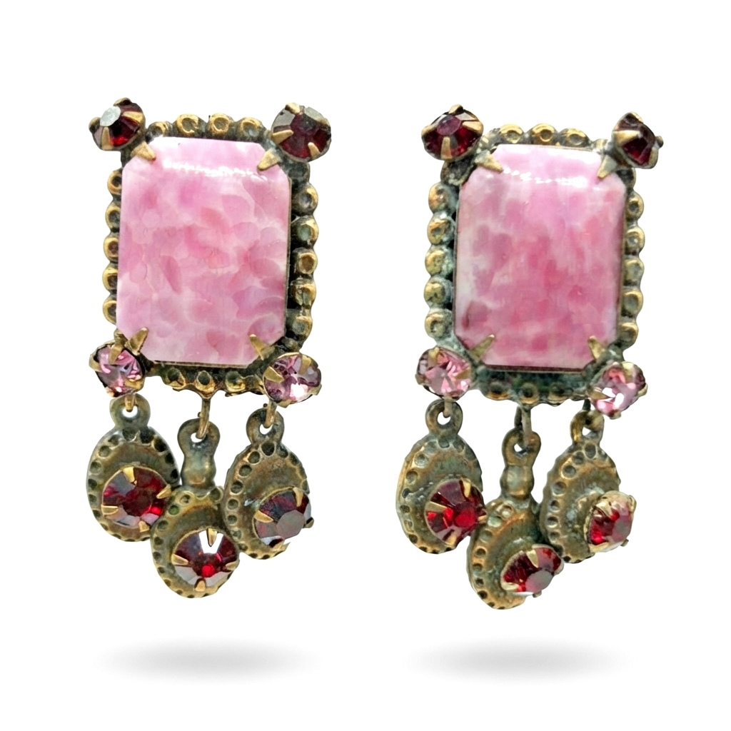 Vintage Pink Mottled Glass and Red Rhinestone Drop Clip Earrings, Attributed to Christian Dior by Kramer
