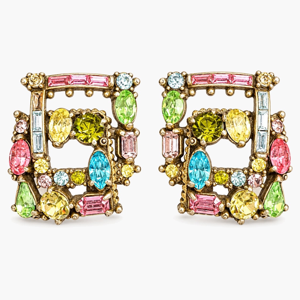 Hollycraft Vintage 1950s Pastel Rhinestone Fruit Salad Clip Earrings