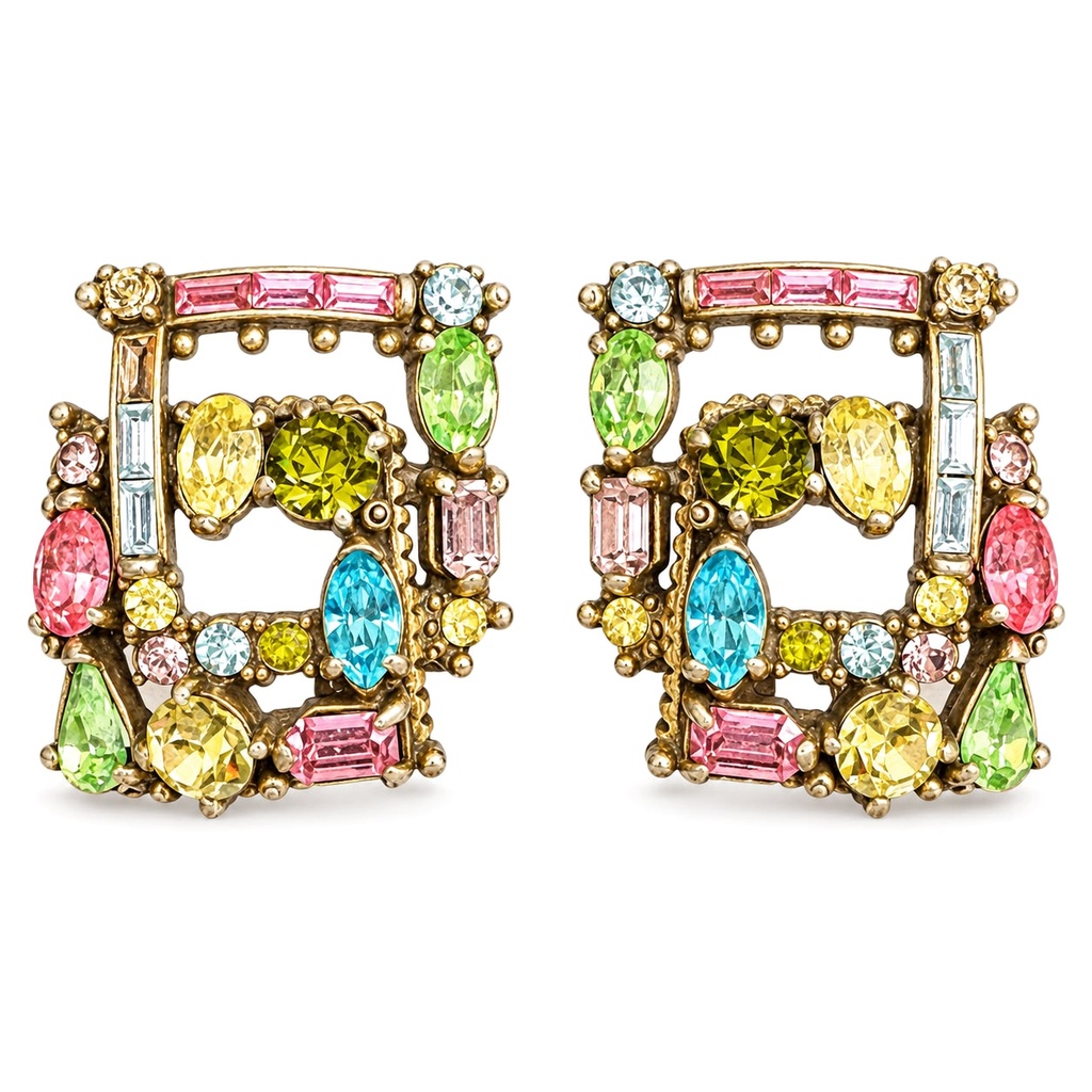 Hollycraft Vintage 1950s Pastel Rhinestone Fruit Salad Clip Earrings