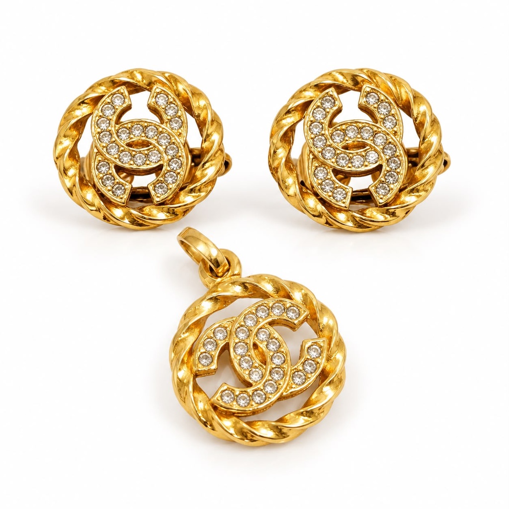 Chanel Vintage Rhinestone CC Pendant and Clip Earrings Set, Gold Tone