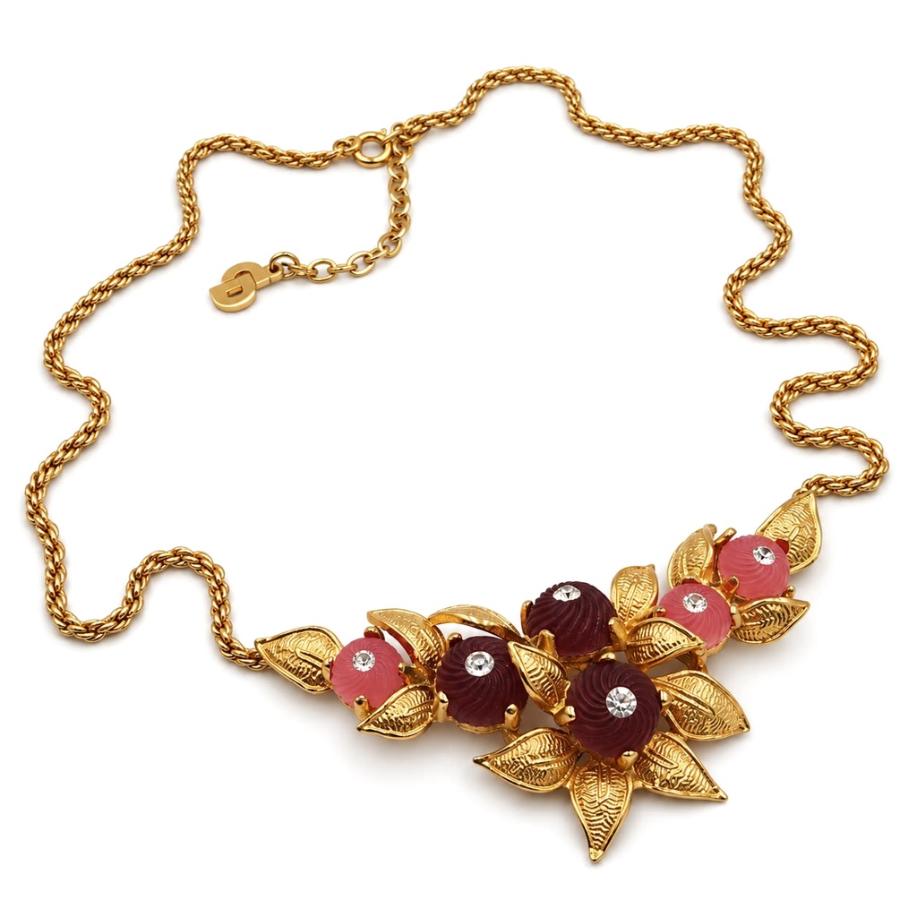 Christian Dior Vintage Floral Necklace with Pink and Burgundy Glass and Rhinestones, Gold Tone