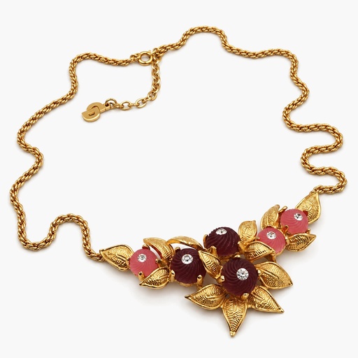 Christian Dior Vintage Floral Necklace with Pink and Burgundy Glass and Rhinestones, Gold Tone
