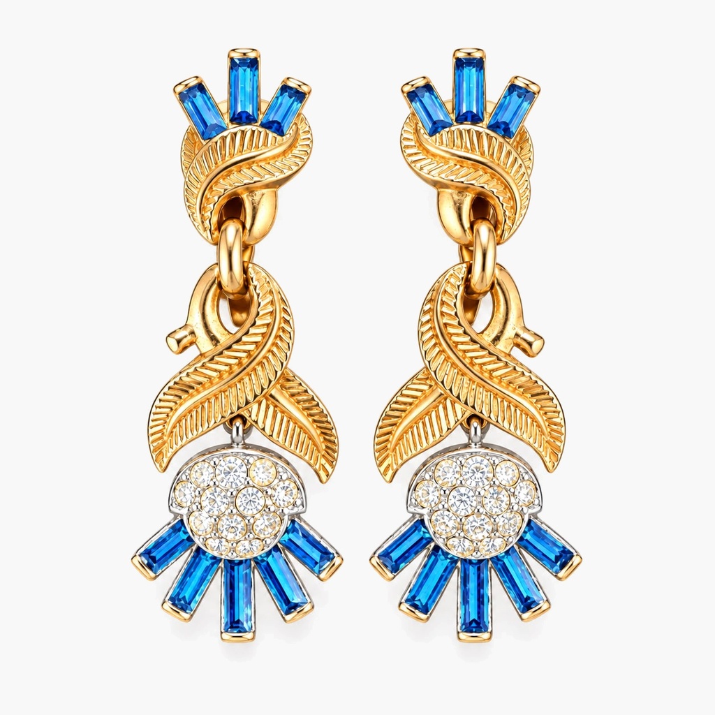 Trifari Vintage Blue Baguette Rhinestone Thistle Drop Clip Earrings, Gold Tone