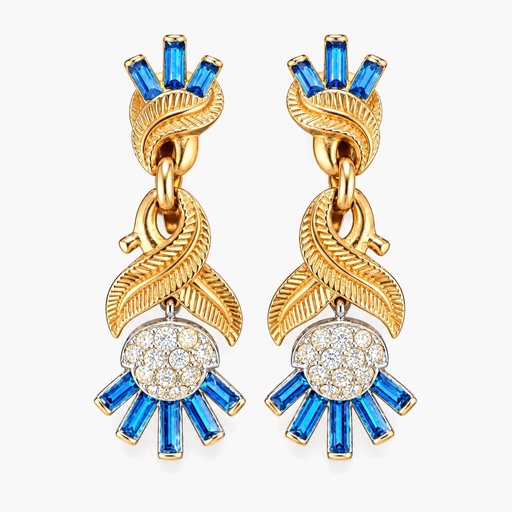 Trifari Vintage Blue Baguette Rhinestone Thistle Drop Clip Earrings, Gold Tone