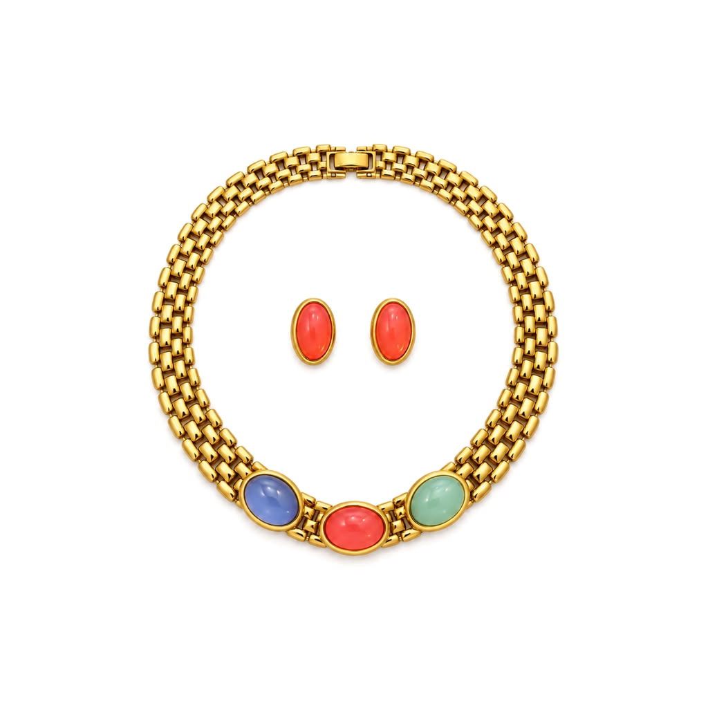 Trifari Vintage Gold-Tone Collar Necklace and Pierced Earrings Set with Coloured Cabochons