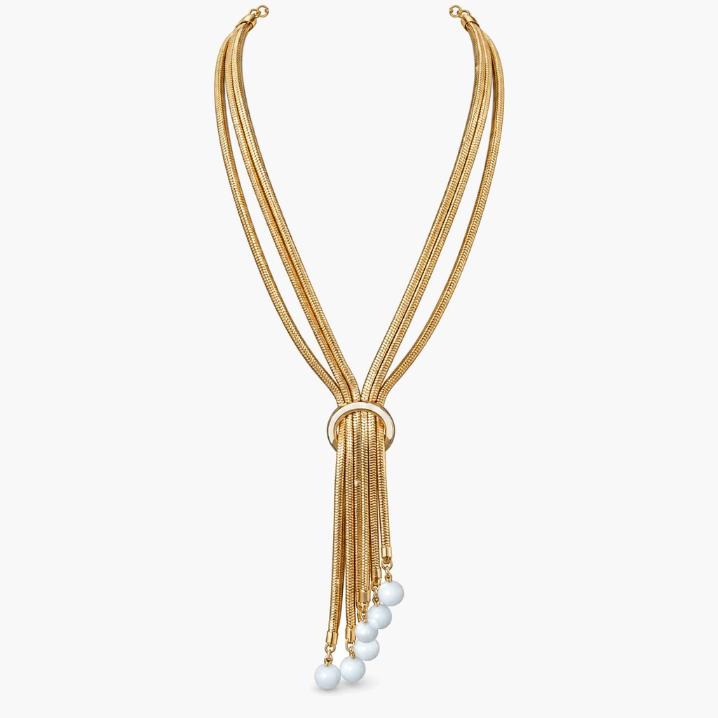 Hobé Vintage Gold-Tone Snake Chain Tassel Necklace with White Glass Beads