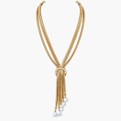Hobé Vintage Gold-Tone Snake Chain Tassel Necklace with White Glass Beads