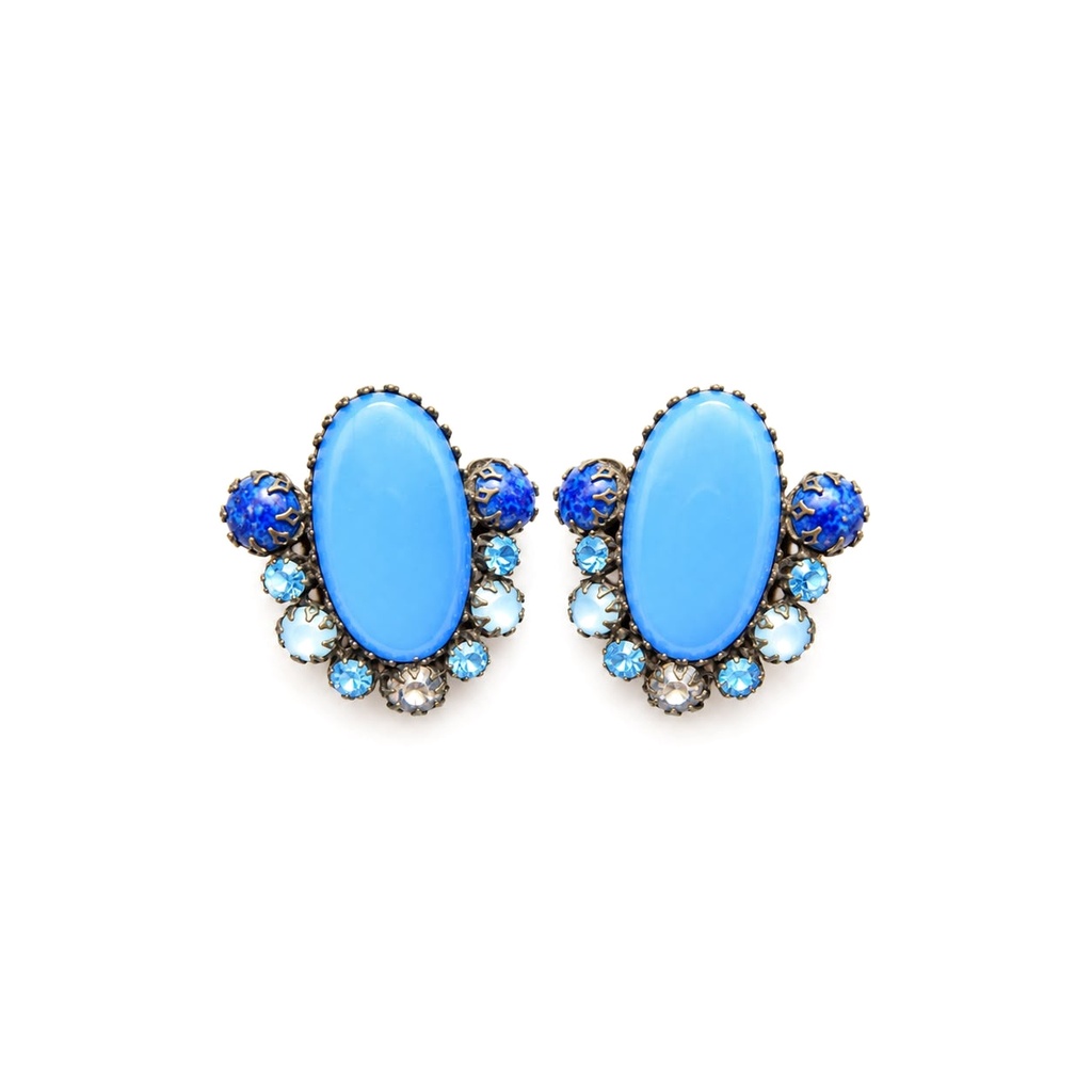 Schreiner Vintage 1960s Blue Glass and Rhinestone Clip Earrings