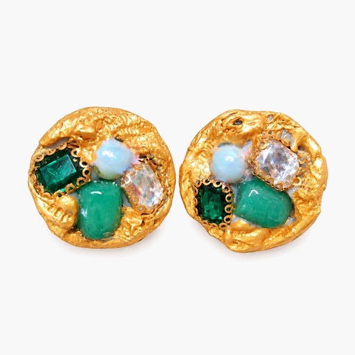 Vintage French Gilded Resin Clip Earrings with Green and Clear Stones, Unsigned