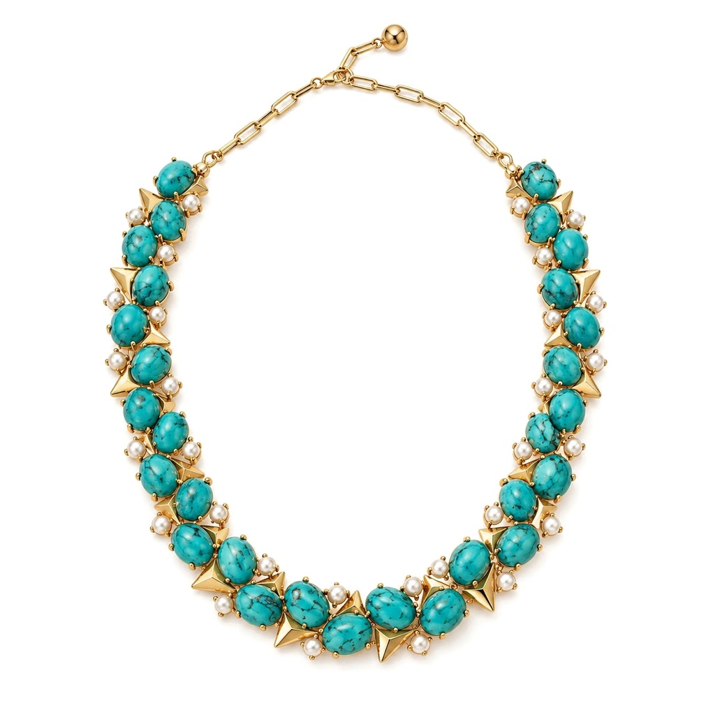 Vintage-Inspired Turquoise-Hued Stone and Pearl Statement Collar Necklace, Gold Tone