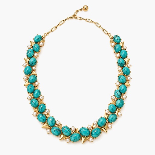 Vintage-Inspired Turquoise-Hued Stone and Pearl Statement Collar Necklace, Gold Tone