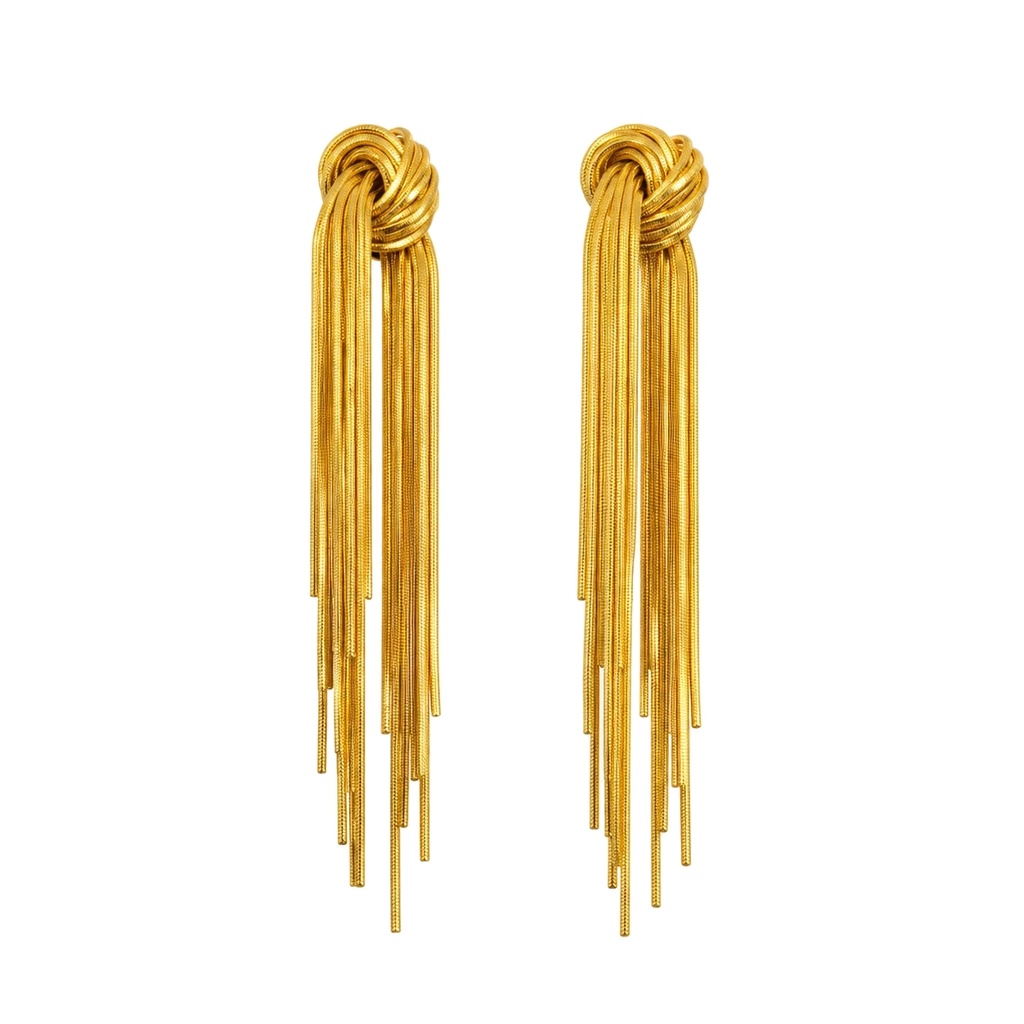 Vintage Gold-Plated Knot Tassel Earrings with Long Chain Fringe