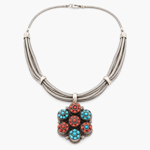 Vintage Sterling Silver Turquoise and Coral Pendant Multi-Strand Necklace
