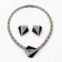 Trifari Kunio Matsumoto Vintage Black Enamel Necklace and Earrings Set, Silver