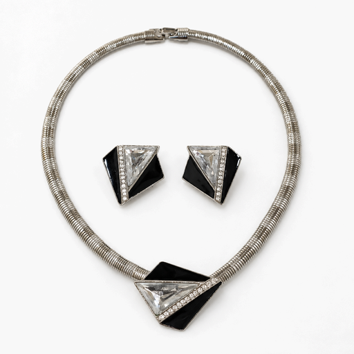 Trifari Kunio Matsumoto Vintage Black Enamel Necklace and Earrings Set, Silver