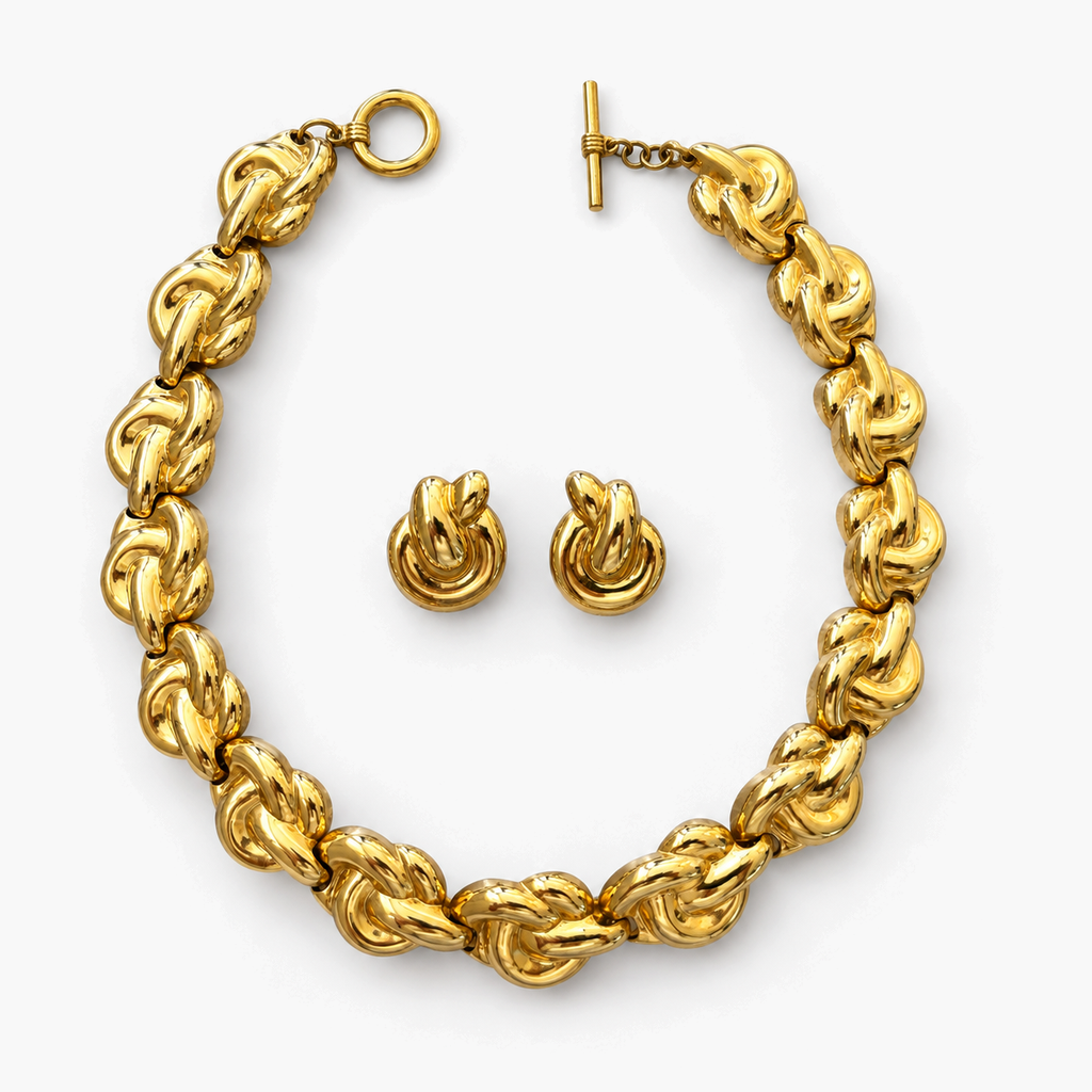 Anne Klein Vintage Collar Necklace and Pierced Earrings Set, Gold Tone
